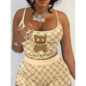 nwt XL streetwear cream tan brown teddy bear pjs 2 piece sleep wear set